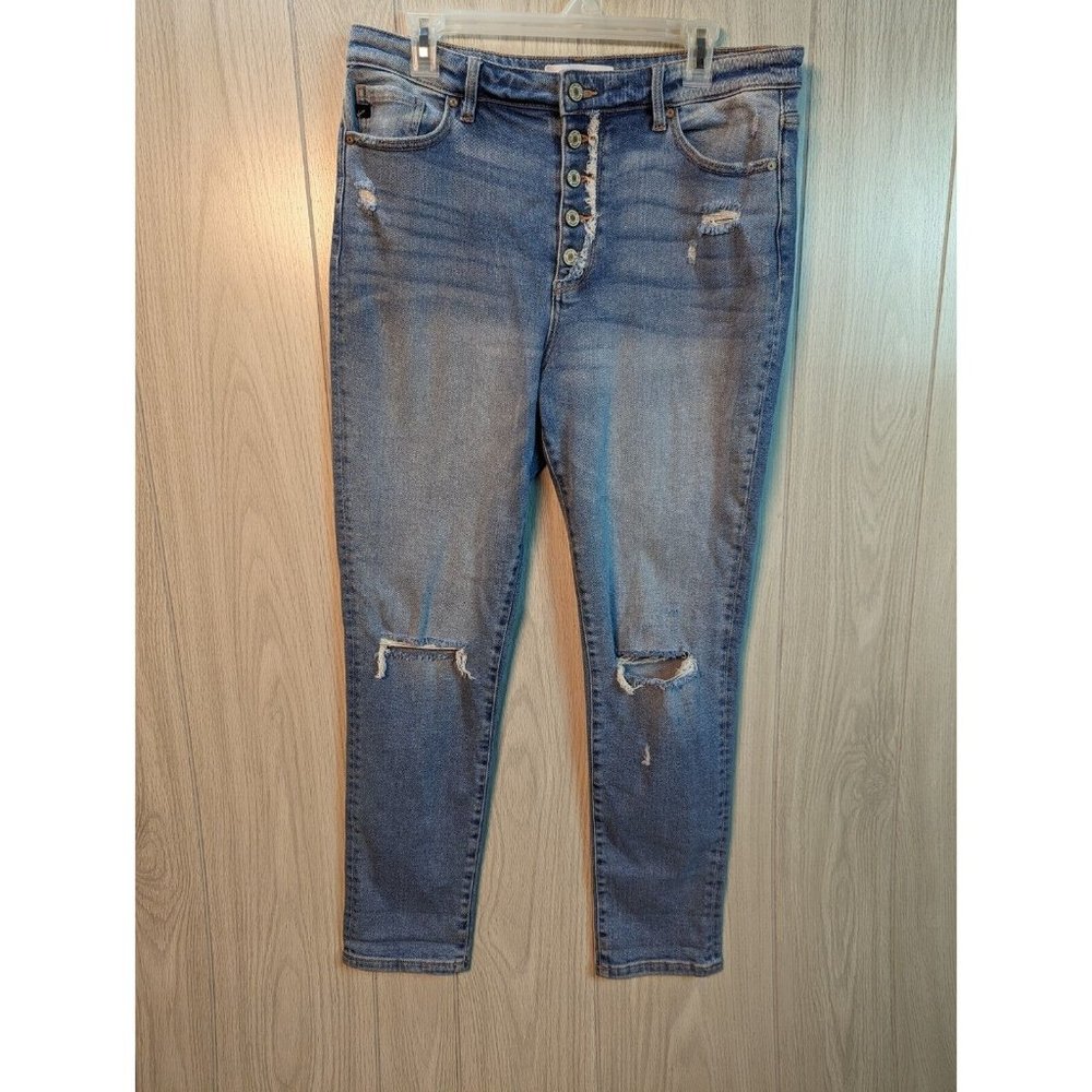 KANCAN JEANS DISTRESSED BLUE BUTTON FLY WOMANS SIZE 11 11/29 Slim Light Blue